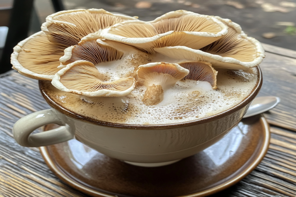 Cup of mushroom coffee with Reishi mushrooms and coffee beans on a wooden table