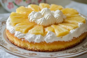 Moist pineapple cake with frosting, served on a plate, accompanied by fresh pineapple slices.