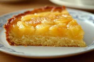 Moist pineapple cake with frosting, served on a plate, accompanied by fresh pineapple slices.







