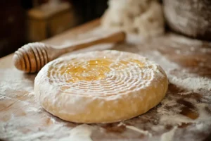 Various baked goods made from sourdough starter waste, including crackers, pancakes, and muffins, displayed on a rustic table. 