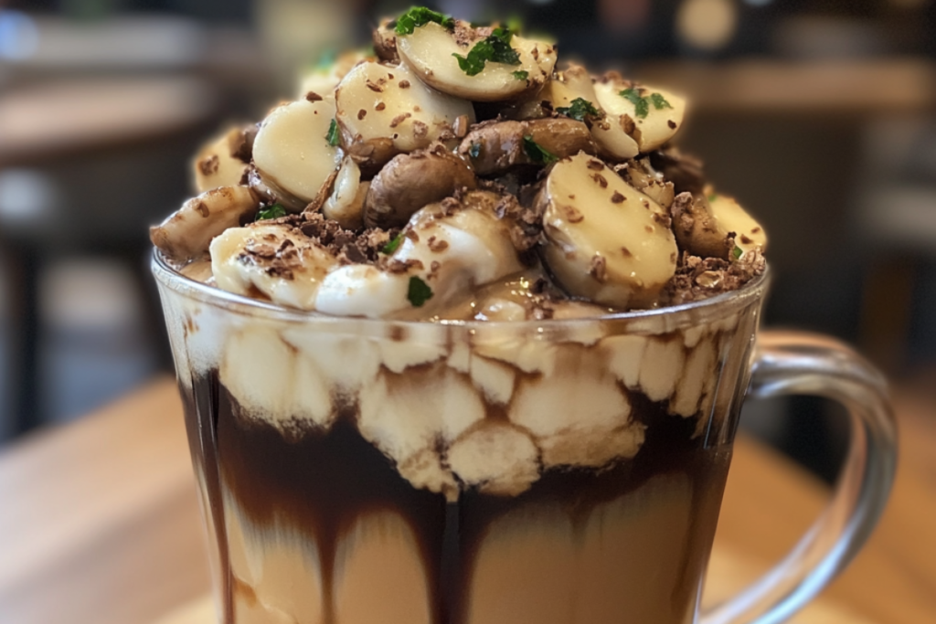 Image of a cup of mushroom coffee with steam rising: "A steaming cup of mushroom coffee, showcasing its earthy tones and rich aroma.