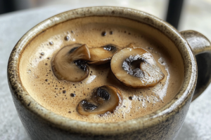 Image of a cup of mushroom coffee with steam rising: "A steaming cup of mushroom coffee, showcasing its earthy tones and rich aroma.