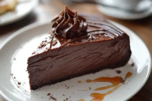 Frosted German chocolate cake slice on a plate with coconut-pecan frosting