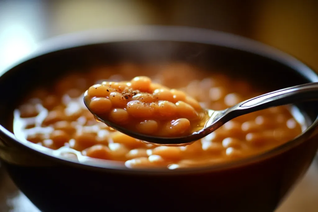 Delicious homemade baked beans served in a casserole dish, perfect for BBQs and potlucks.