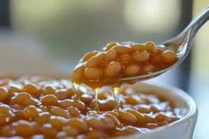 A bowl of baked beans in a thick, savory tomato-based sauce, highlighting the rich and tangy texture.