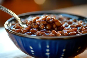 A bowl of baked beans in a thick, savory tomato-based sauce, highlighting the rich and tangy texture.