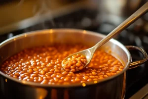 A bowl of baked beans in a thick, savory tomato-based sauce, highlighting the rich and tangy texture.