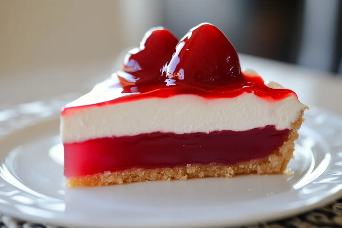 A creamy slice of Jello no-bake cheesecake on a graham cracker crust, topped with fresh fruit.