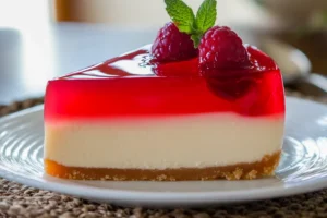 A creamy slice of Jello no-bake cheesecake on a graham cracker crust, topped with fresh fruit.