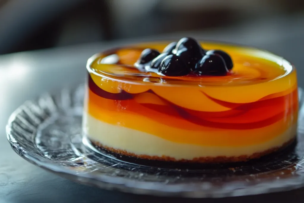 A creamy slice of Jello no-bake cheesecake on a graham cracker crust, topped with fresh fruit.