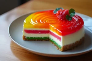 A creamy slice of Jello no-bake cheesecake on a graham cracker crust, topped with fresh fruit.