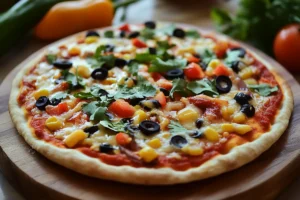 A crispy homemade Mexican pizza topped with refried beans, seasoned ground beef, melted cheese, diced tomatoes, and sliced jalapeños