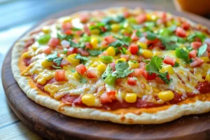 A crispy homemade Mexican pizza topped with refried beans, seasoned ground beef, melted cheese, diced tomatoes, and sliced jalapeños