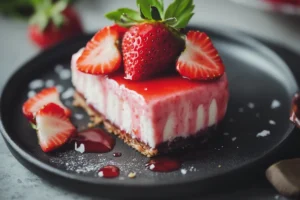 Layered Strawberry Cheesecake Snickers with fresh strawberries and chopped Snickers bars on a graham cracker crust.