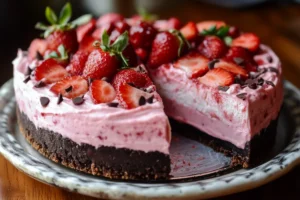 Layered Strawberry Cheesecake Snickers with fresh strawberries and chopped Snickers bars on a graham cracker crust.