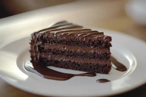 Chocolate cake with buttercream frosting topped with chocolate curls