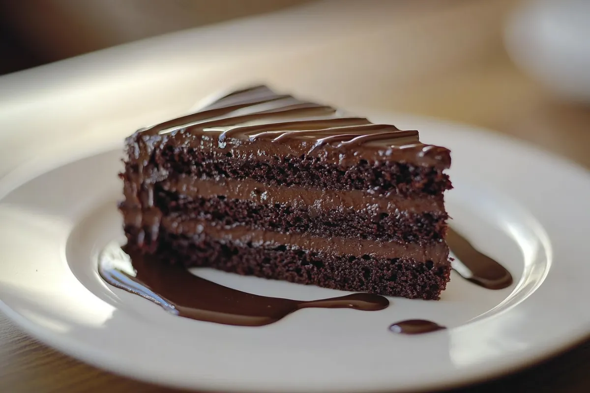 Chocolate cake with buttercream frosting topped with chocolate curls