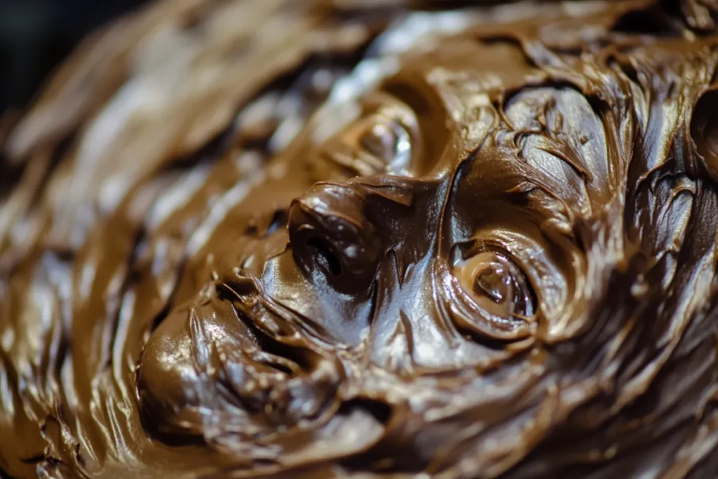 German chocolate frosting simmering in a saucepan with coconut and pecans.