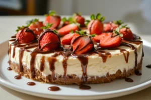 A slice of Snickers Strawberry Cheesecake topped with whipped cream, chopped Snickers, and fresh strawberries.