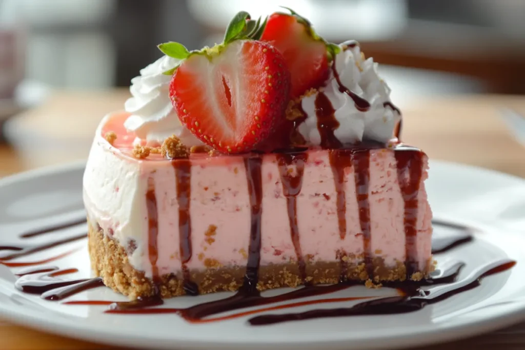 A slice of Snickers Strawberry Cheesecake topped with whipped cream, chopped Snickers, and fresh strawberries.