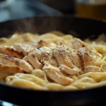 Chicken Alfredo in a skillet with creamy sauce and fettuccine pasta