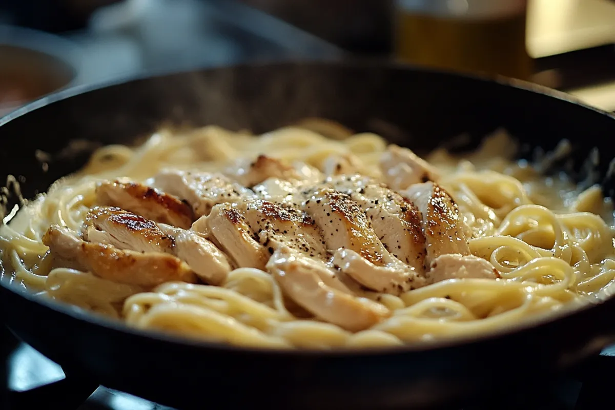 Chicken Alfredo in a skillet with creamy sauce and fettuccine pasta