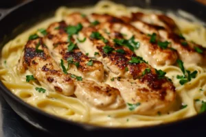 Chicken Alfredo in a skillet with creamy sauce and fettuccine pasta