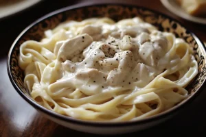 Plate of creamy Chicken Alfredo pasta with fettuccine and grilled chicken