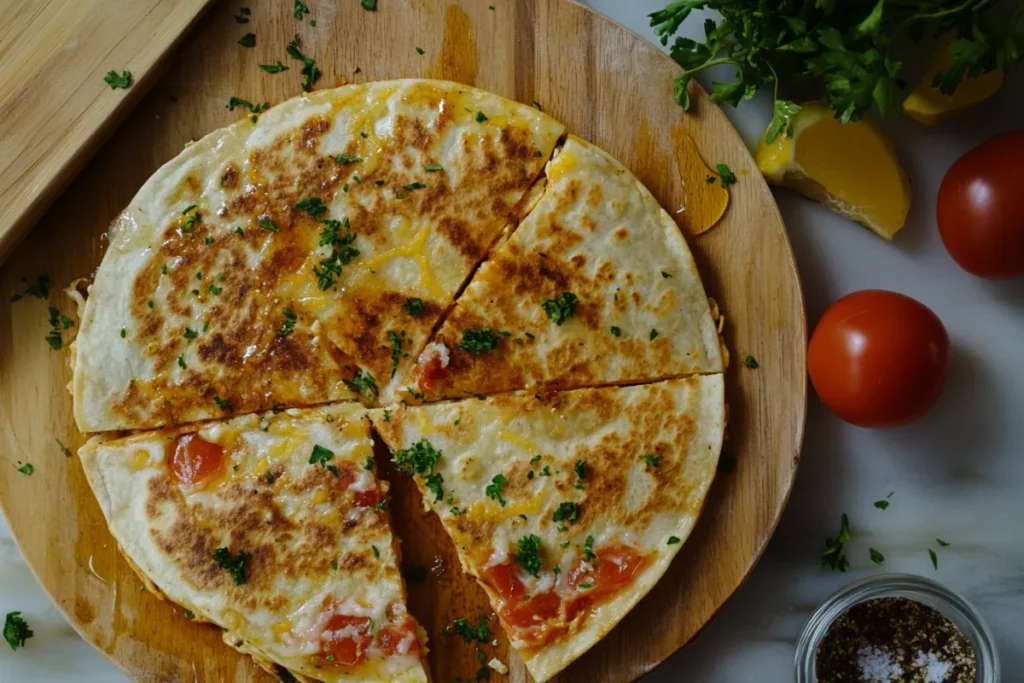 Crispy chicken quesadilla cut into wedges with guacamole and sour cream on the side