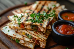 Crispy chicken quesadilla cut into wedges with guacamole and sour cream on the side