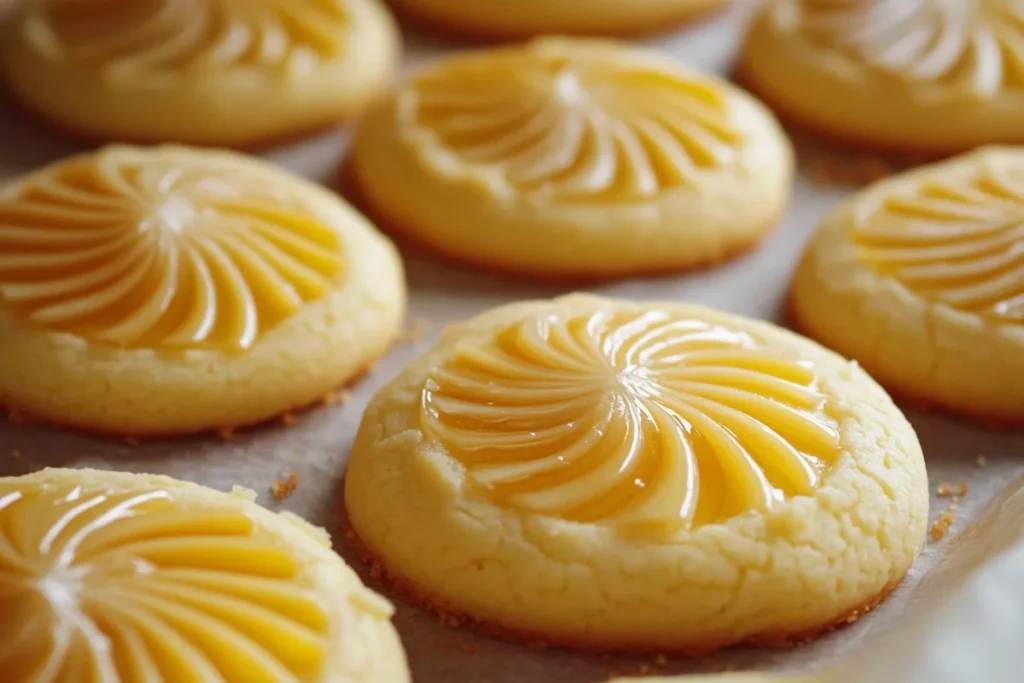 Freshly baked soft and chewy lemon cookies on a cooling rack